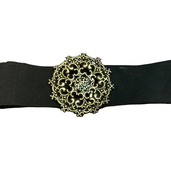 Vtg Elastic Waist Belt With Ornate Gold-Tone Scroll Floral Buckle - Picture 2 of 7